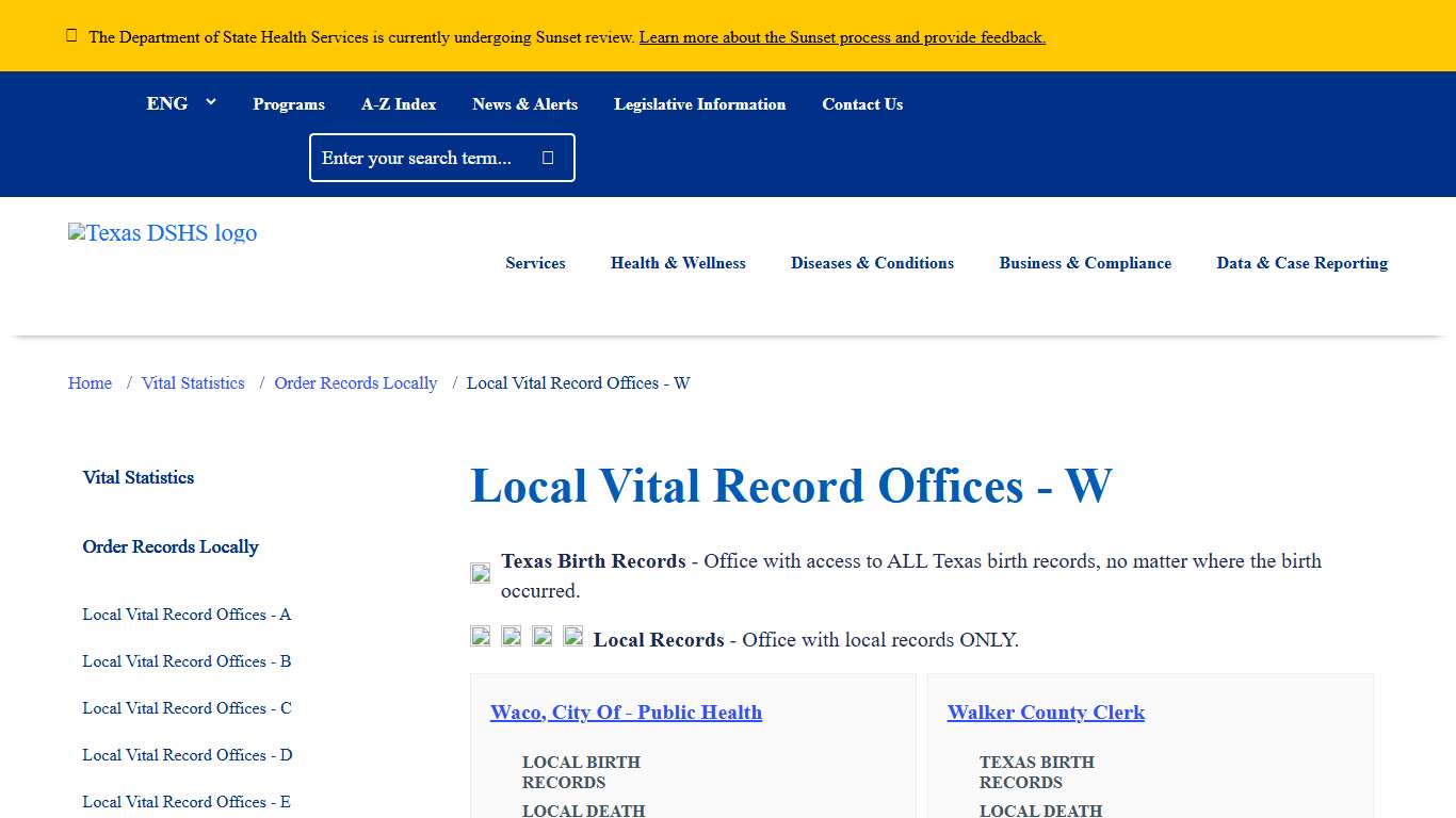 Local Vital Record Offices - W | Texas DSHS